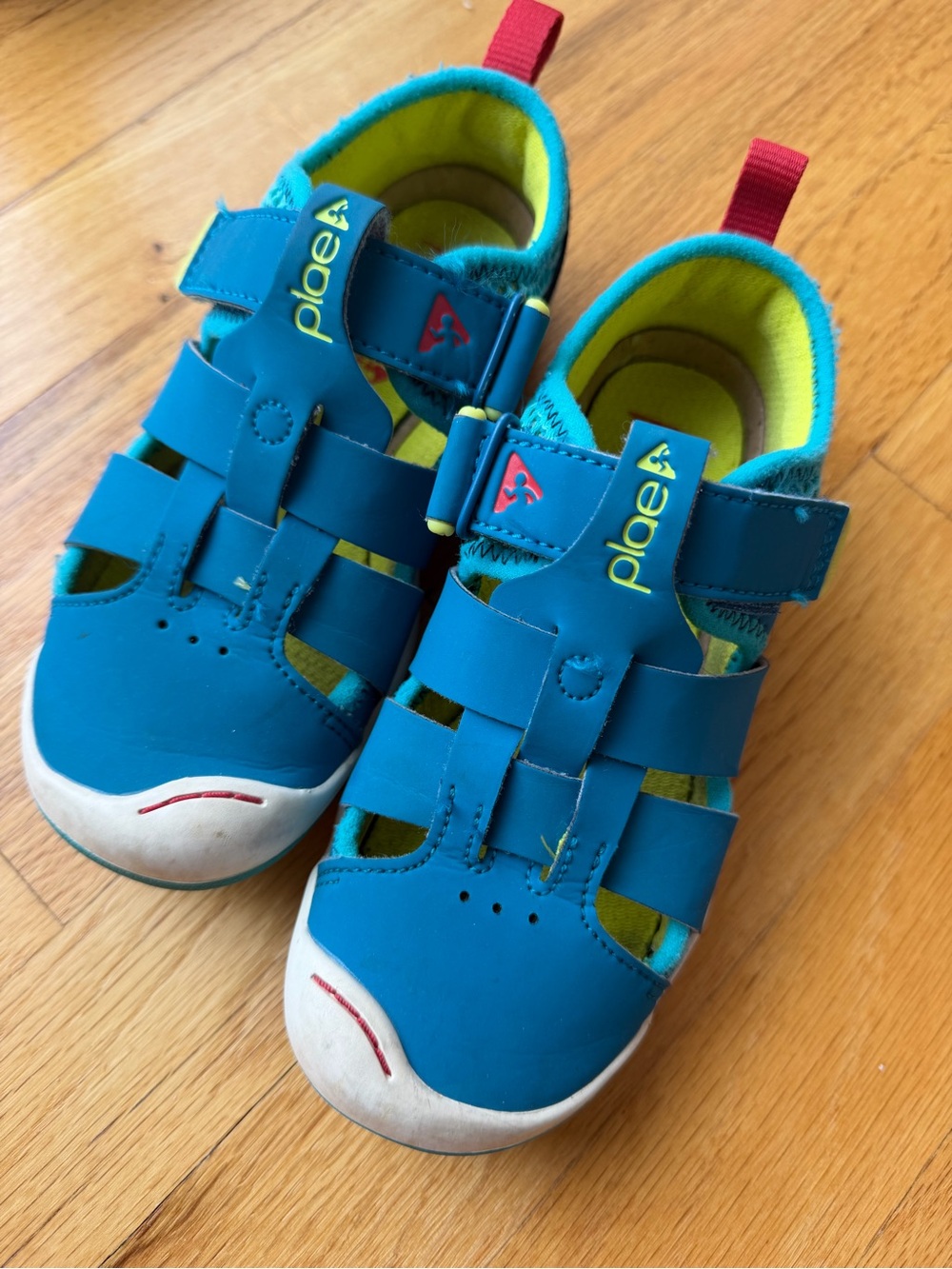 PLAE Teal Blue Kids Sport Sandals with Yellow Liner and Red Pull Tabs